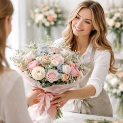 Florist handing bouquet to customer in shop