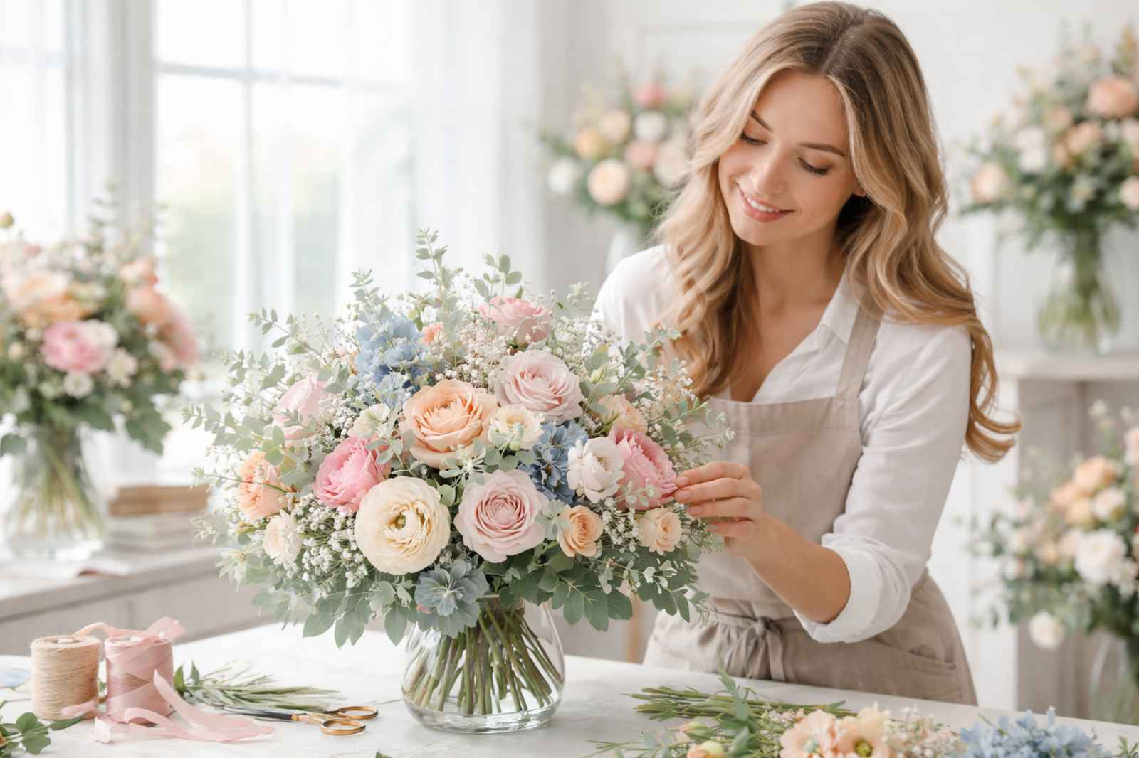 Woman arranging soft pastel bouquet indoors